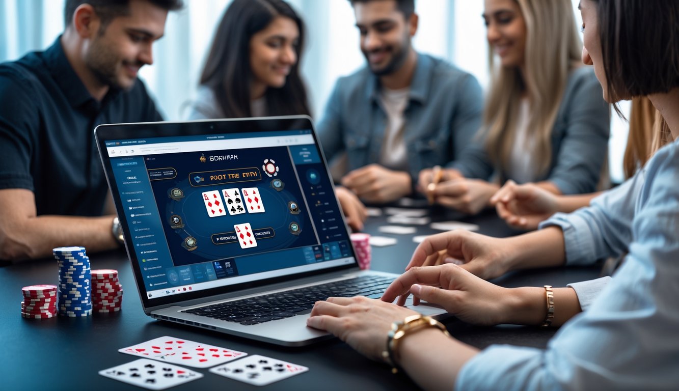 Orang-orang bermain poker online di depan laptop dengan chip dan kartu poker di meja.