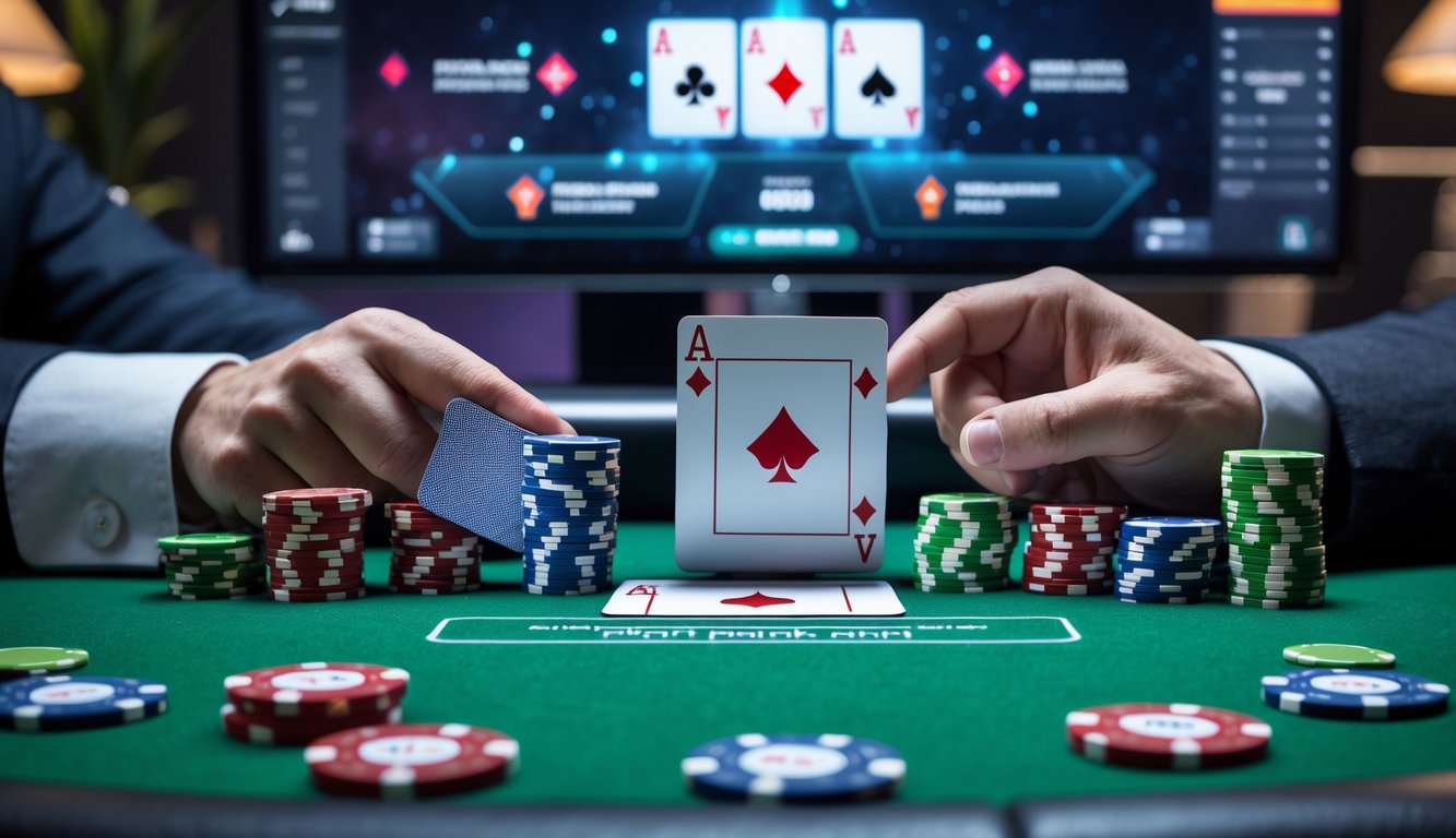 Seorang pemain poker sedang memegang kartu di meja poker dengan tumpukan chip dan layar komputer menampilkan permainan poker online.