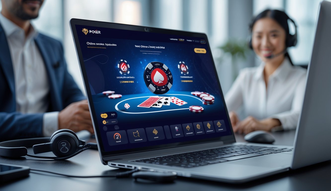 Seorang pemain poker online menggunakan laptop dengan tampilan permainan poker dan chip di meja, dengan latar belakang perwakilan layanan pelanggan yang ramah.