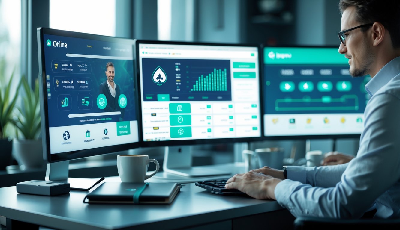 Sebuah meja kerja modern dengan beberapa layar komputer menampilkan permainan poker online dan ikon keamanan.