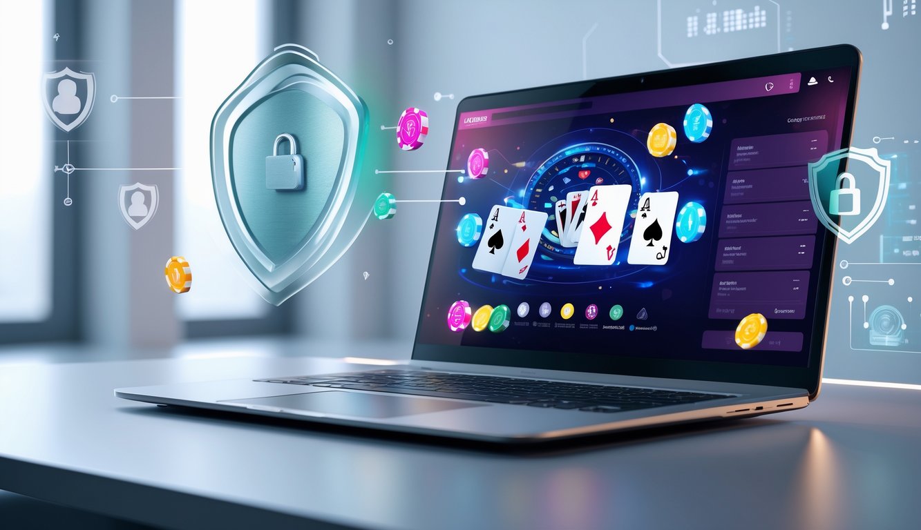 Seorang pengguna sedang bermain poker online di komputer dengan tampilan kartu dan chip poker, dikelilingi simbol keamanan digital.