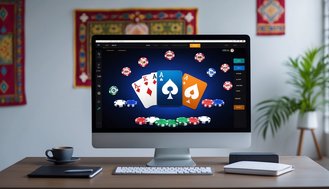 Layar komputer menampilkan permainan poker online dengan kartu dan chip, di atas meja kerja yang rapi dengan elemen budaya Indonesia di latar belakang.