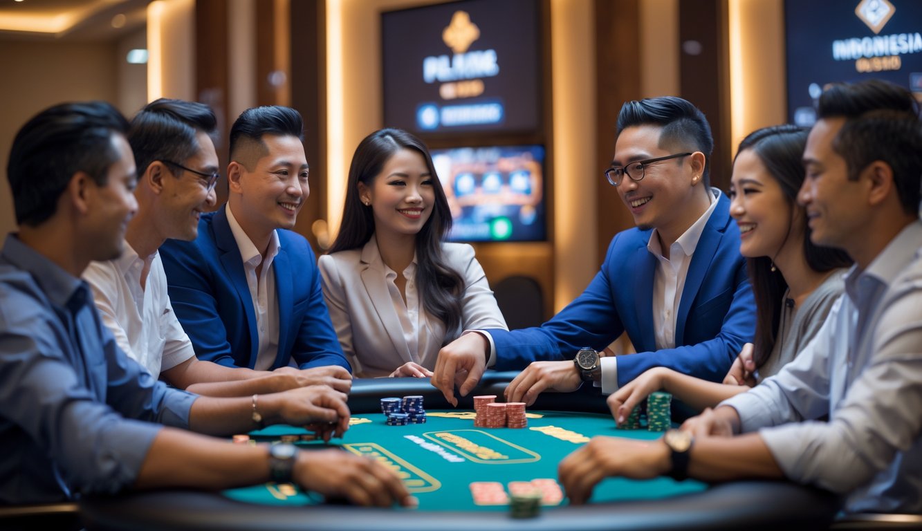 Sekelompok orang bermain poker di meja kasino modern dengan suasana ramah dan profesional.