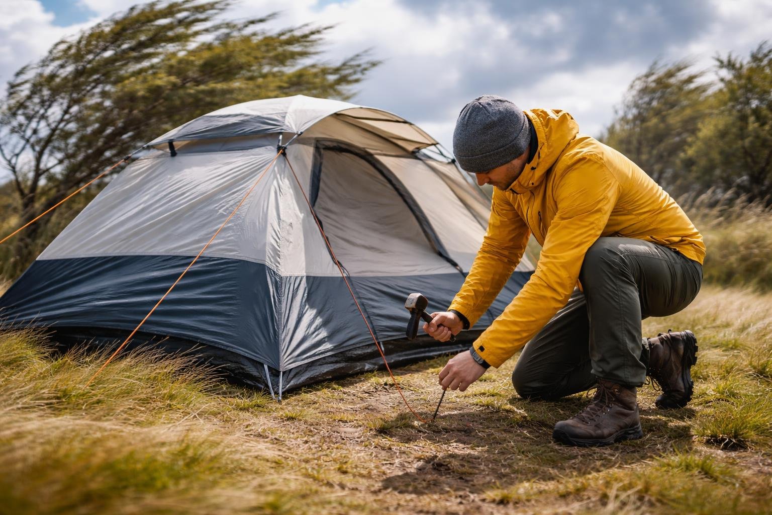 A person setting up a camping tent in a windy outdoor area with grass and trees.