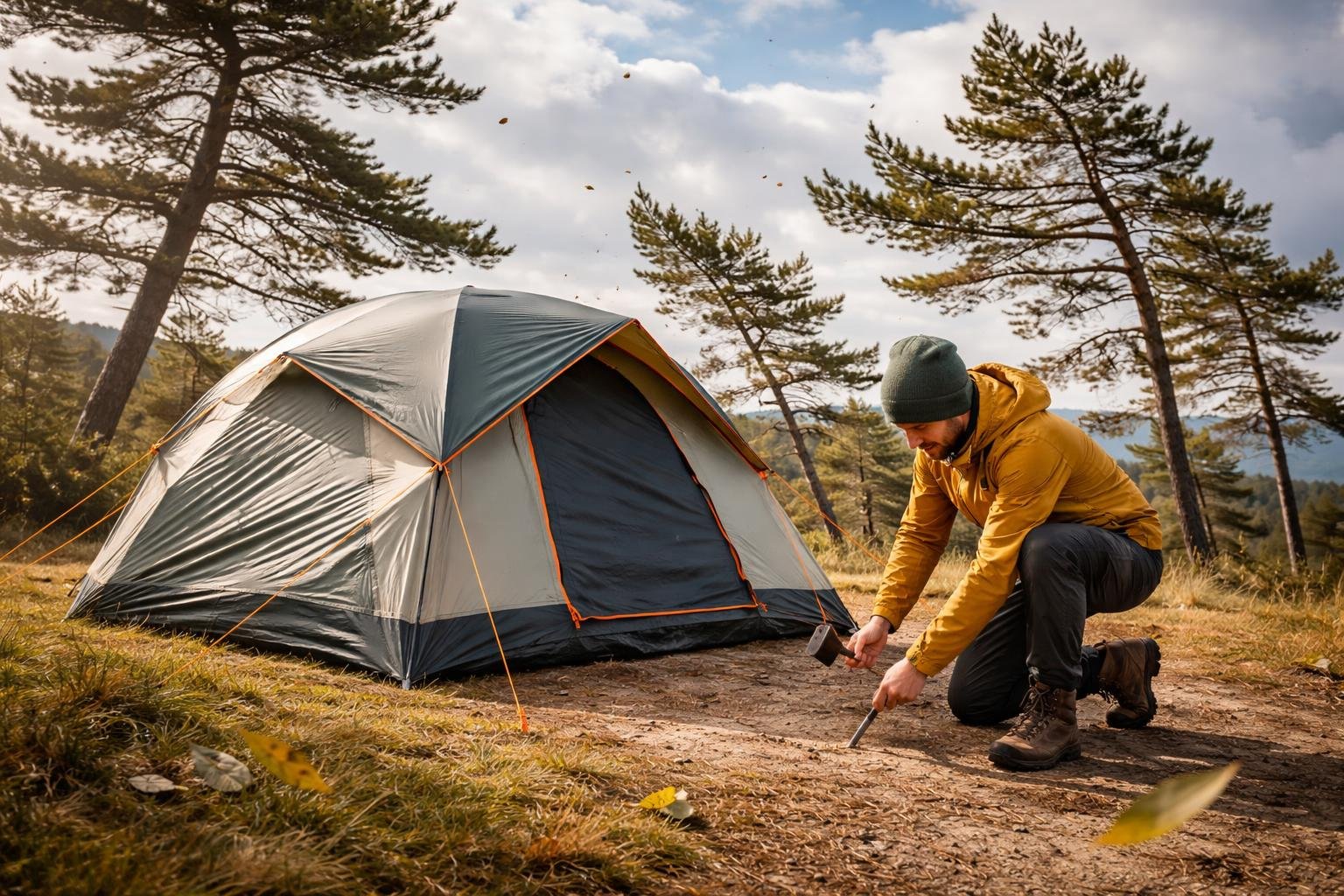 A person setting up a camping tent on an open campsite with trees bending in the wind under a cloudy sky.