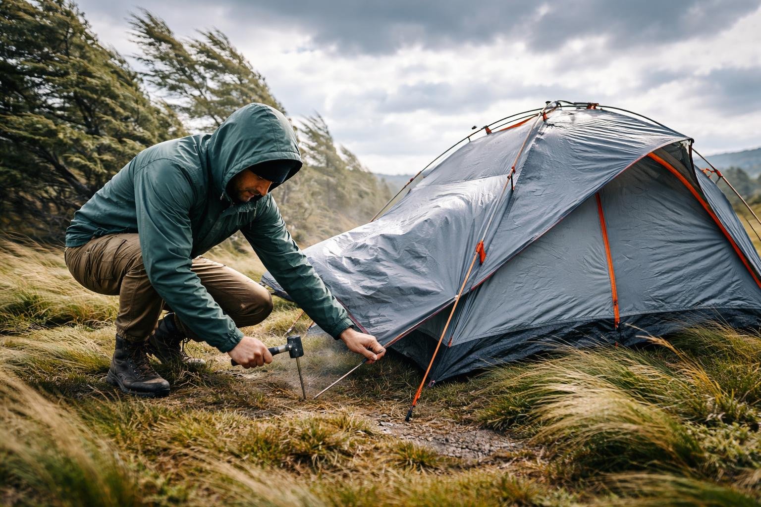 A person securing a camping tent in windy outdoor conditions with trees bending and grass blowing in the wind.
