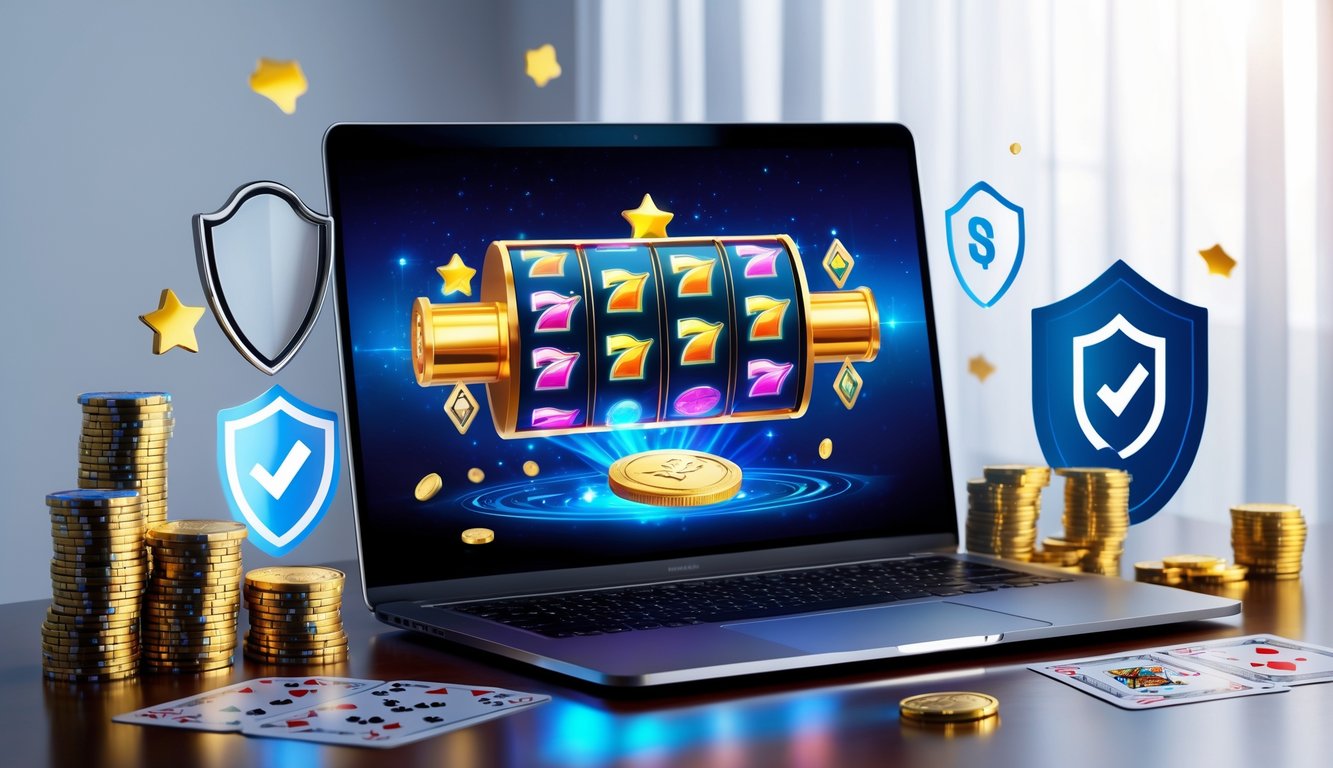 Seseorang menggunakan komputer dengan tampilan permainan slot online yang berwarna-warni, di meja terdapat chip poker dan kartu remi.