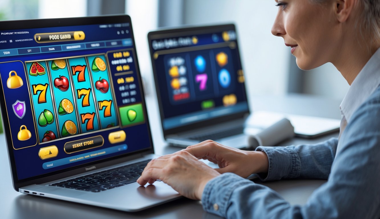 Seorang pria menggunakan laptop dengan tampilan permainan slot online di layar dalam lingkungan kerja yang bersih dan terang.