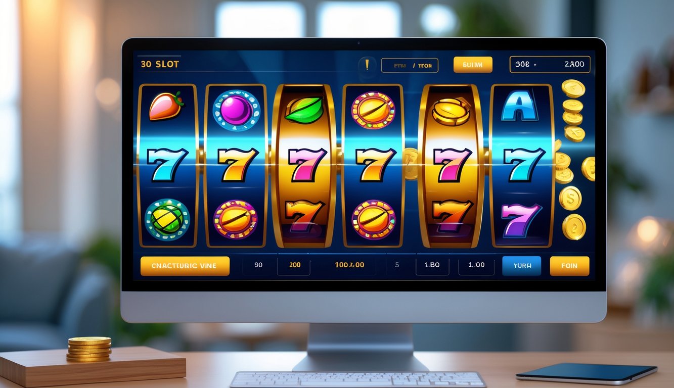 Layar komputer menampilkan lima mesin slot digital dengan gulungan berwarna-warni yang sedang berputar di ruangan yang nyaman.
