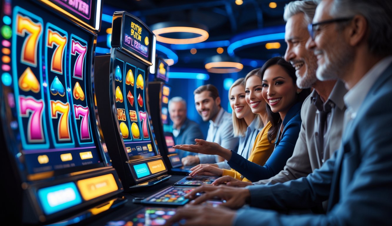 Orang-orang sedang bermain slot online di perangkat digital dengan latar belakang suasana kasino modern yang aman dan terpercaya.