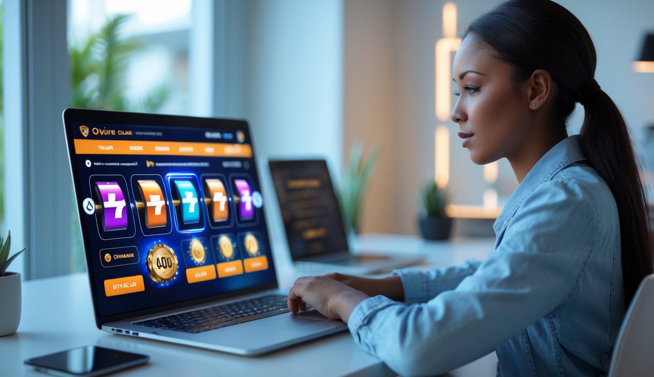 Seorang wanita muda duduk di meja dengan laptop, fokus memilih situs slot online yang aman dan terpercaya.