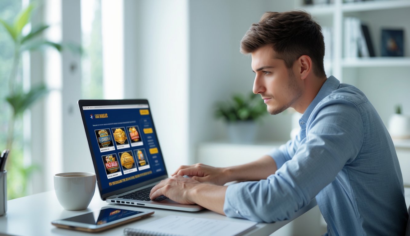 Seorang pria muda duduk di meja kerja dengan laptop, sedang mencari situs slot online resmi dan terpercaya di lingkungan rumah yang terang dan rapi.