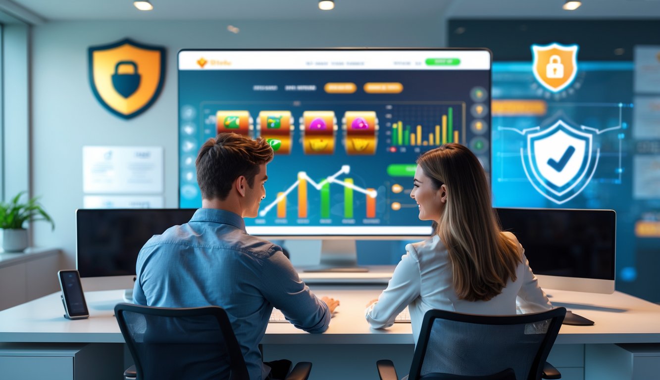 Dua orang profesional sedang melihat layar komputer dengan grafik permainan slot dan simbol keamanan di latar belakang kantor modern.