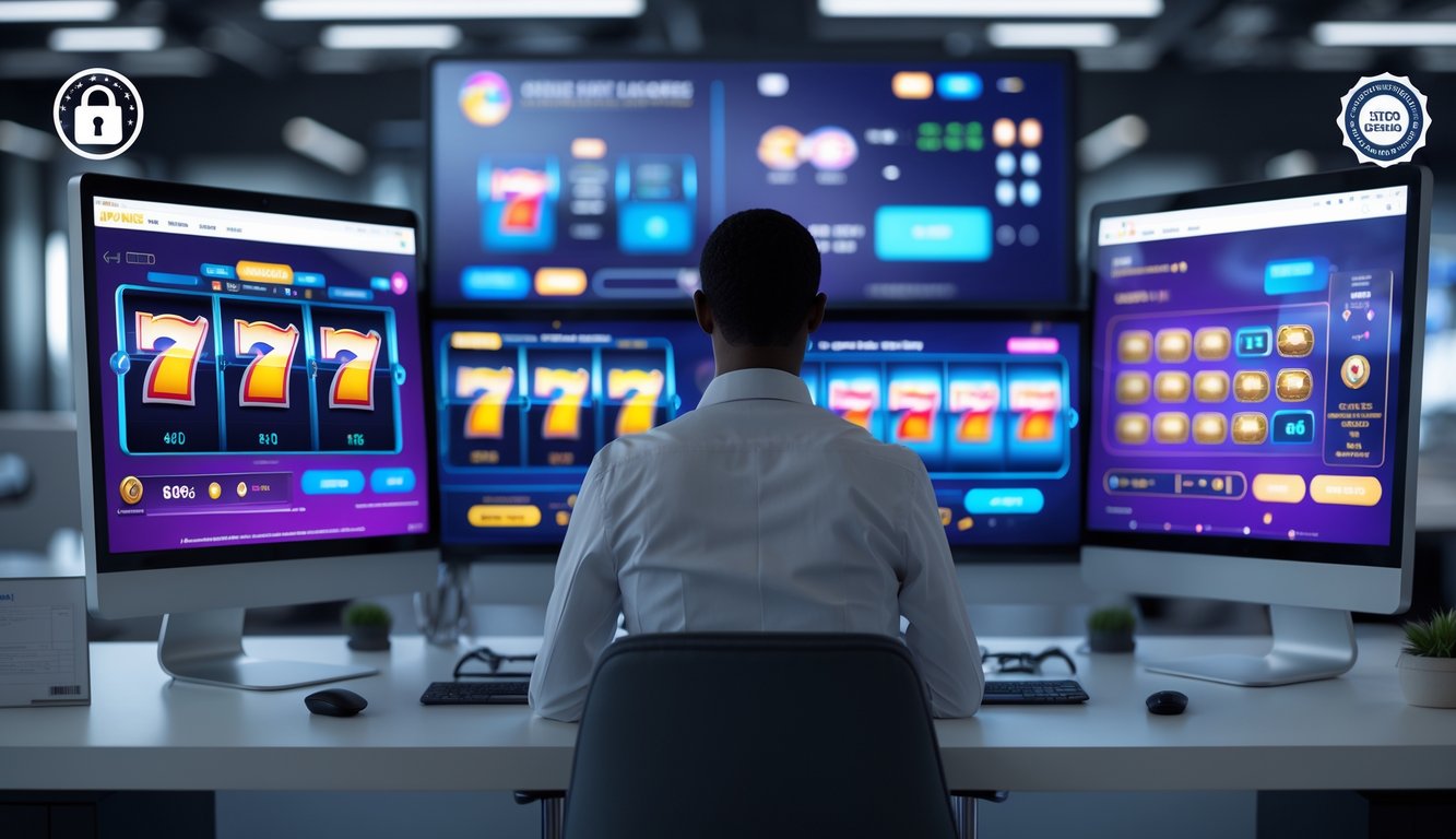 Seseorang duduk di depan beberapa layar komputer yang menampilkan permainan slot online dengan suasana ruang kerja yang rapi dan profesional.