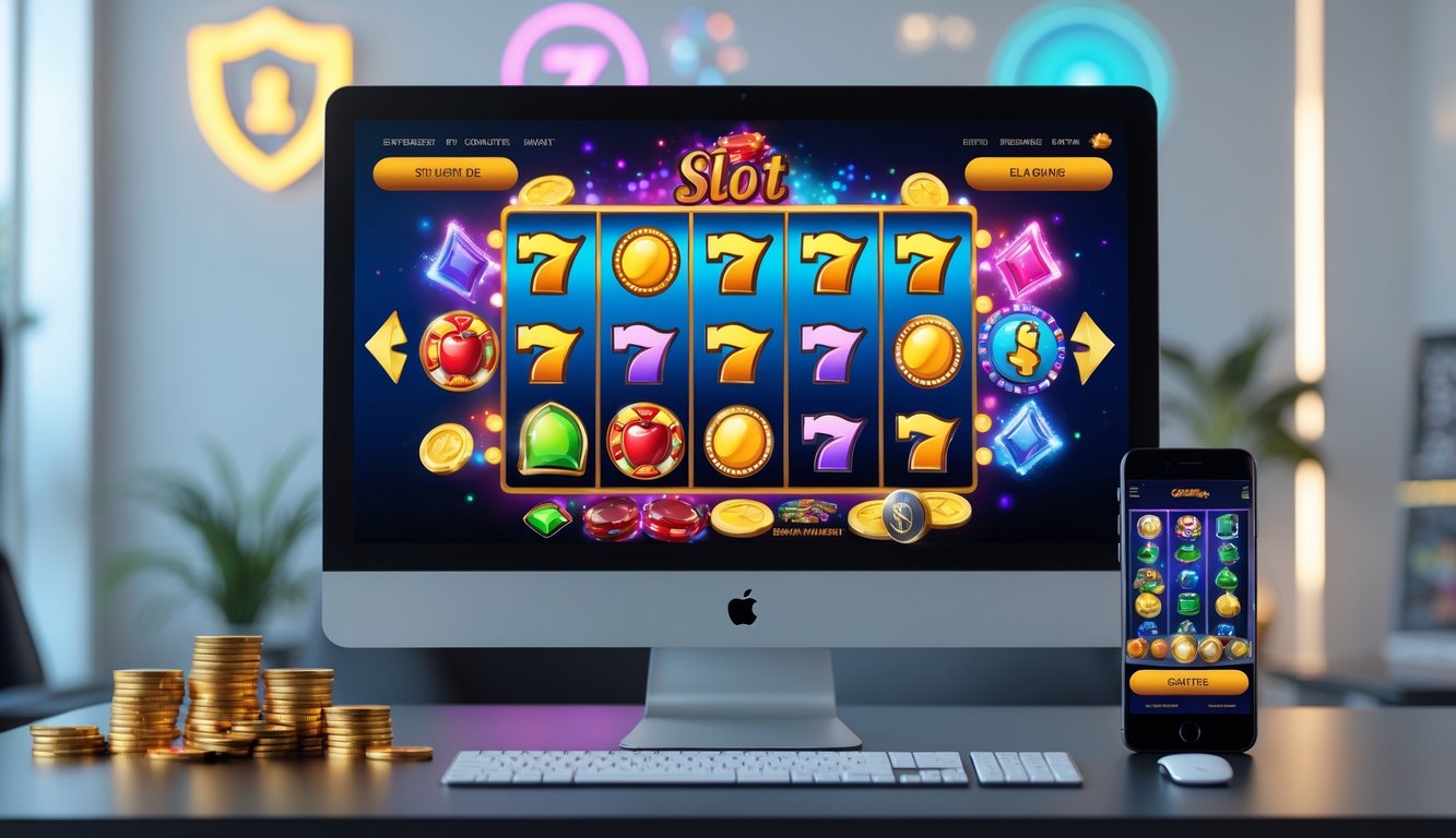 Suasana ruang kerja modern dengan komputer dan ponsel yang menampilkan permainan slot online berwarna-warni.