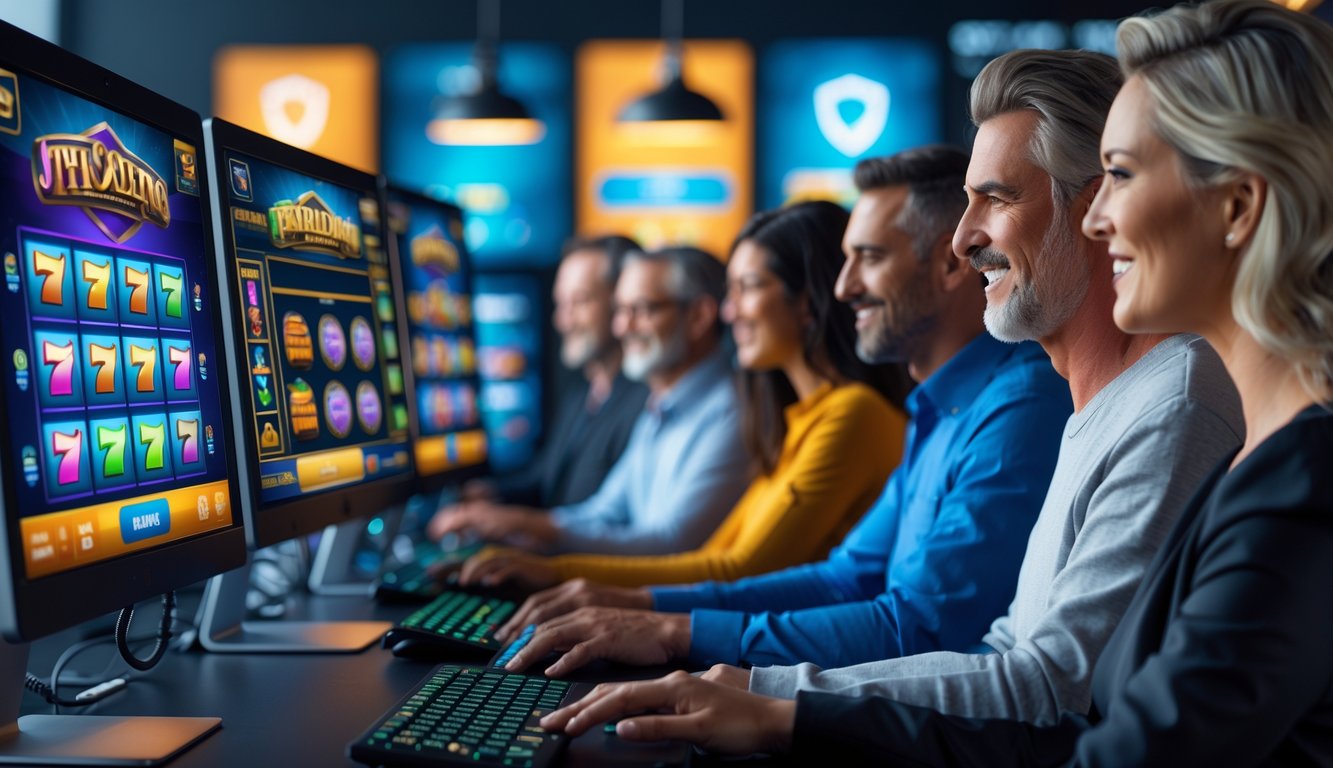 Orang-orang sedang bermain slot online di komputer dengan tampilan layar berwarna cerah dan suasana yang profesional.