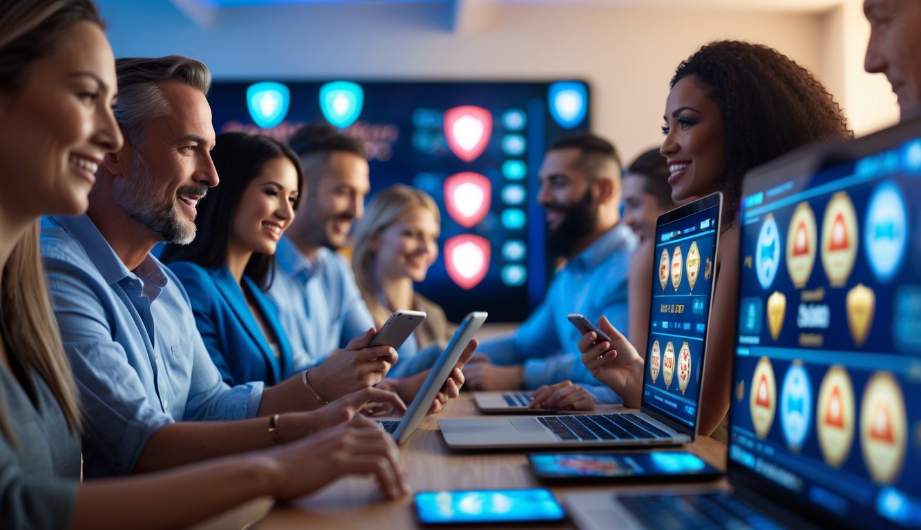 Sekelompok orang dewasa menggunakan laptop dan ponsel untuk bermain mesin slot online di ruangan yang terang dan modern dengan simbol keamanan di layar.