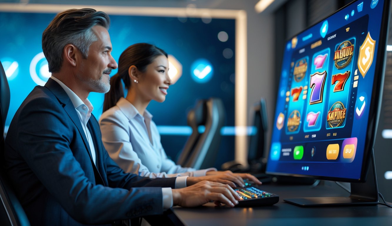 Dua orang dewasa duduk di depan komputer bermain permainan slot online dengan ekspresi fokus dan puas di ruangan modern yang terang.