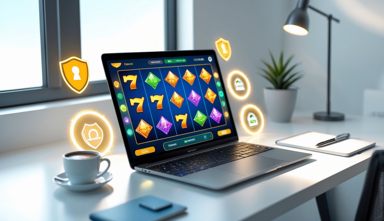 Seorang pengguna duduk di depan laptop yang menampilkan permainan slot online dengan latar belakang ruang kerja yang rapi dan terang.