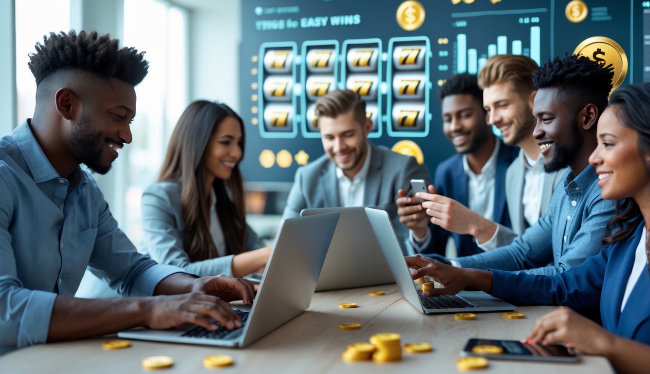 Beberapa orang menggunakan laptop dan ponsel untuk bermain mesin slot online di ruangan yang nyaman dan terang.