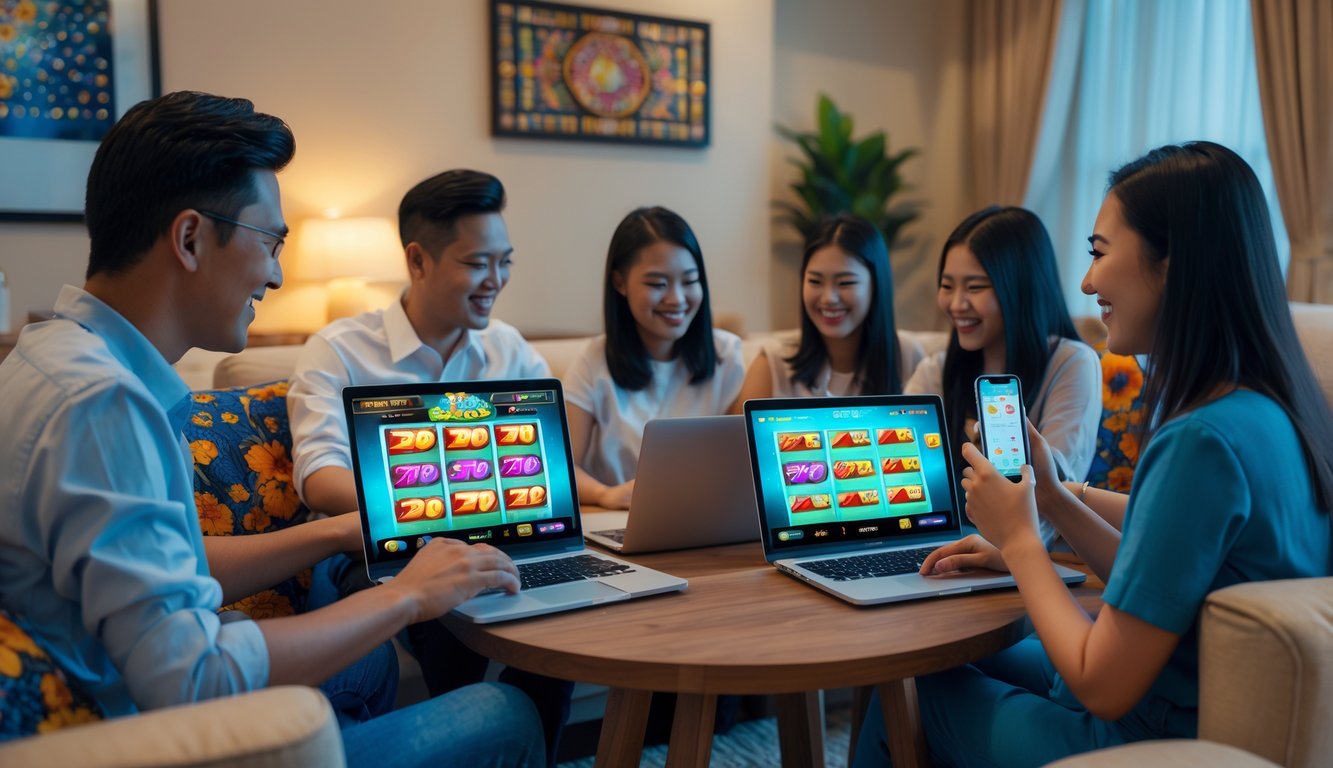 Orang-orang duduk di ruang tamu yang nyaman menggunakan laptop dan ponsel untuk bermain slot online dengan suasana yang hangat dan menyenangkan.