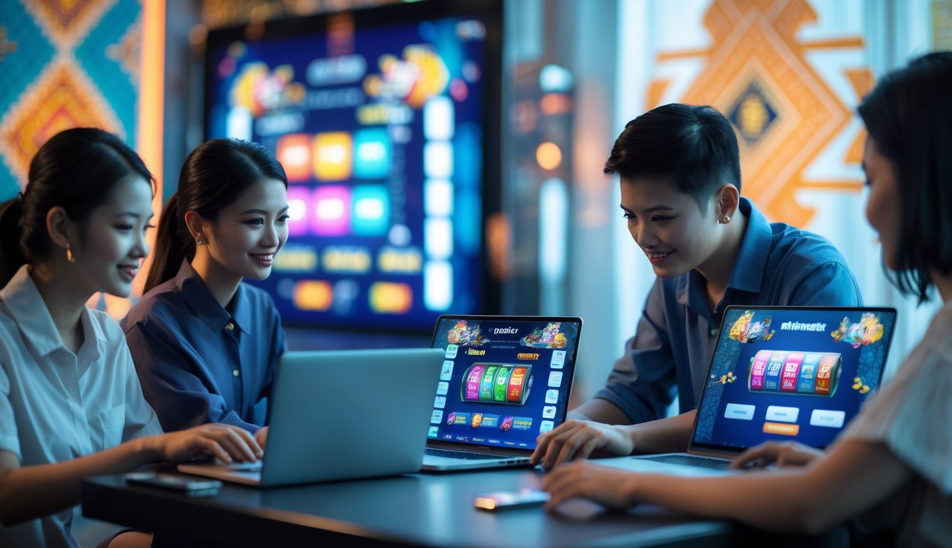 Beberapa orang menggunakan perangkat digital untuk bermain slot online dengan latar belakang motif budaya Indonesia.