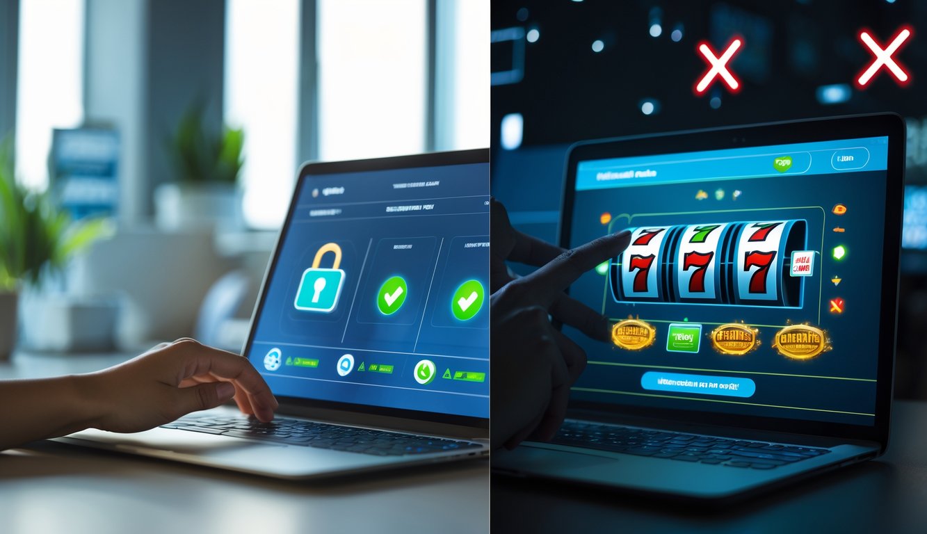 Gambar yang menunjukkan perbedaan antara situs slot online resmi dan terpercaya di sisi kiri dengan tampilan komputer yang bersih dan aman, serta situs judi ilegal di sisi kanan dengan tampilan gelap dan tanda peringatan.