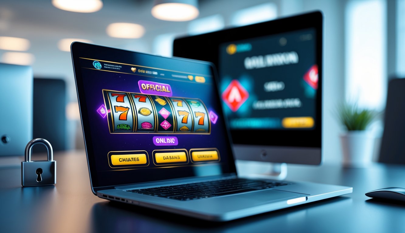 Seorang profesional menggunakan laptop yang menampilkan permainan slot online resmi di satu sisi dan layar buram dengan tanda peringatan di sisi lain, menggambarkan perbedaan antara situs slot resmi dan situs judi ilegal.