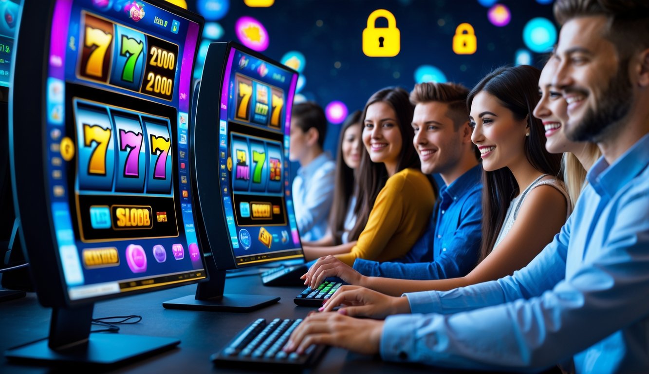 Beberapa orang muda sedang bermain permainan slot online di komputer dengan layar berwarna cerah, suasana terlihat menyenangkan dan aman.