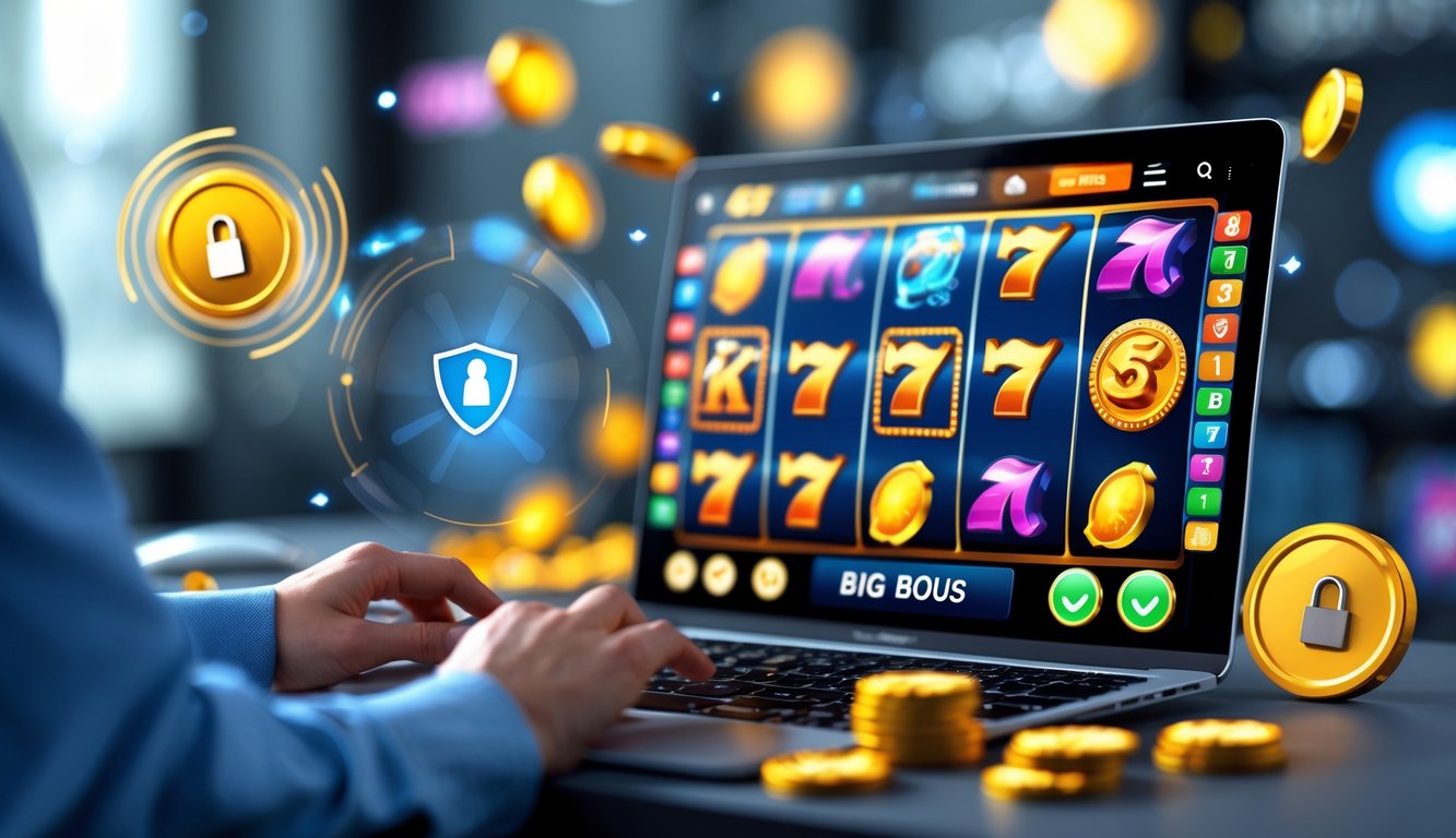 Seseorang menggunakan komputer dengan tampilan permainan slot online yang berwarna-warni dan simbol keamanan di latar belakang.