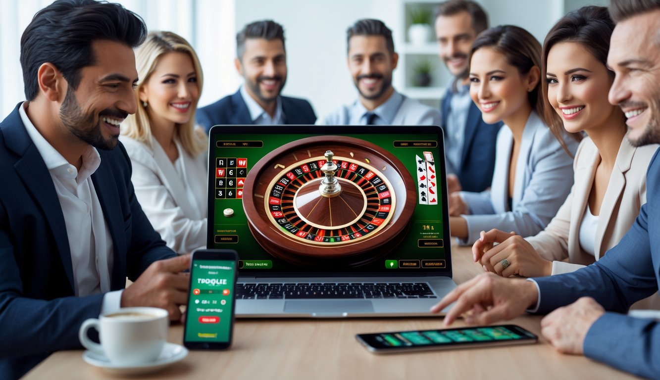 Beberapa orang dewasa bermain roulette online di depan komputer di ruangan yang rapi dan modern.