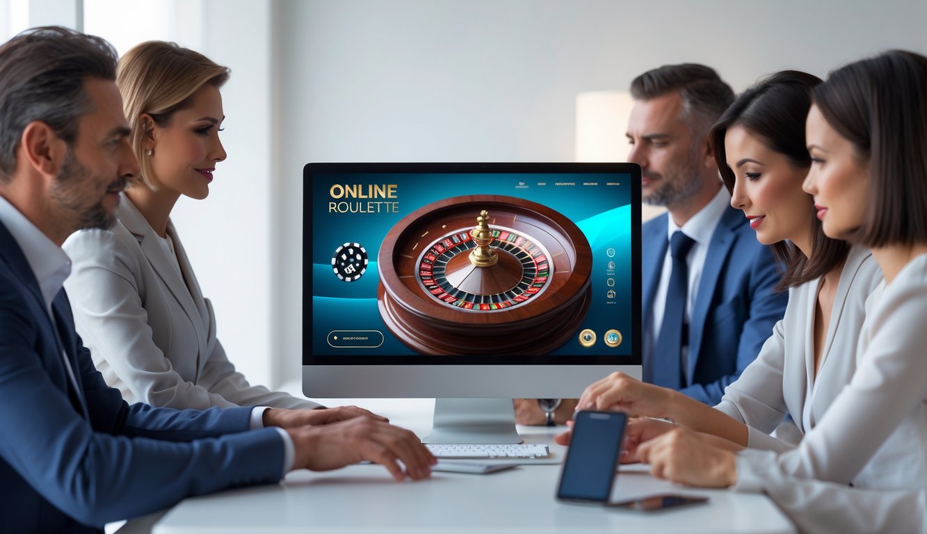 Beberapa orang dewasa menggunakan komputer dengan tampilan roda roulette online, menunjukkan suasana bermain roulette online yang resmi dan terpercaya.