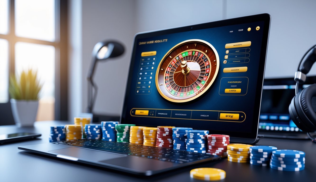 Sebuah layar komputer menampilkan permainan roulette online dengan roda roulette dan chip taruhan di atas meja yang rapi.