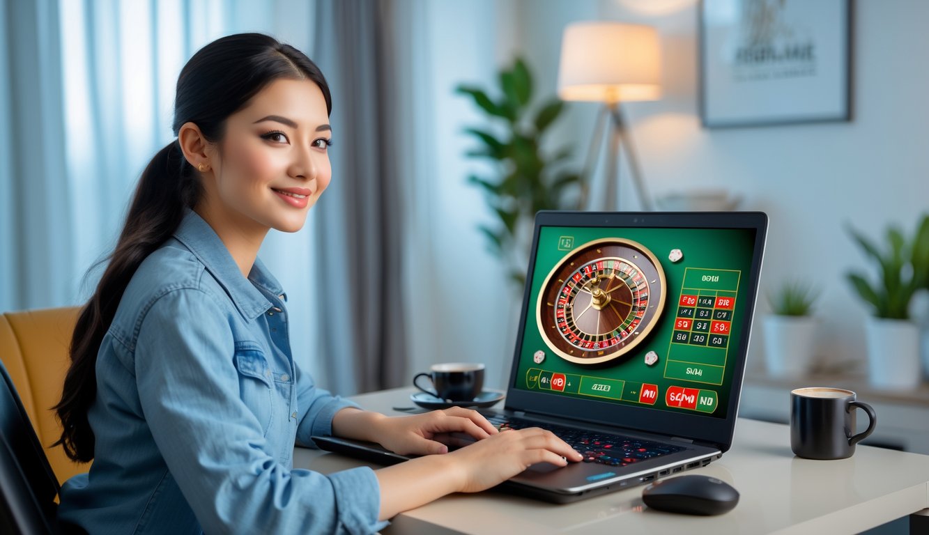 Seorang wanita muda duduk di depan laptop sambil bermain roulette online di ruang yang rapi dan terang.