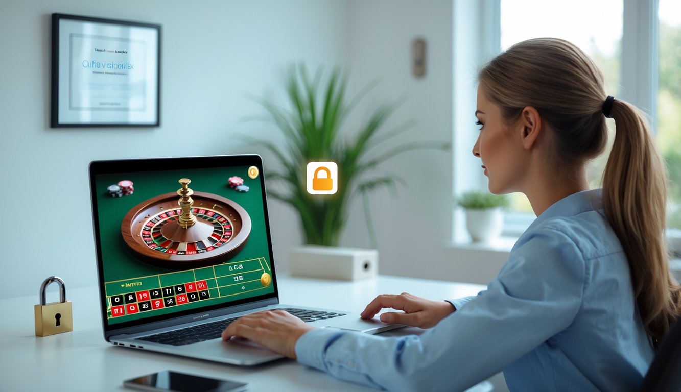 Seorang dewasa muda duduk di meja komputer di ruang kerja rumah yang rapi, fokus melihat layar laptop yang menampilkan permainan roulette online.