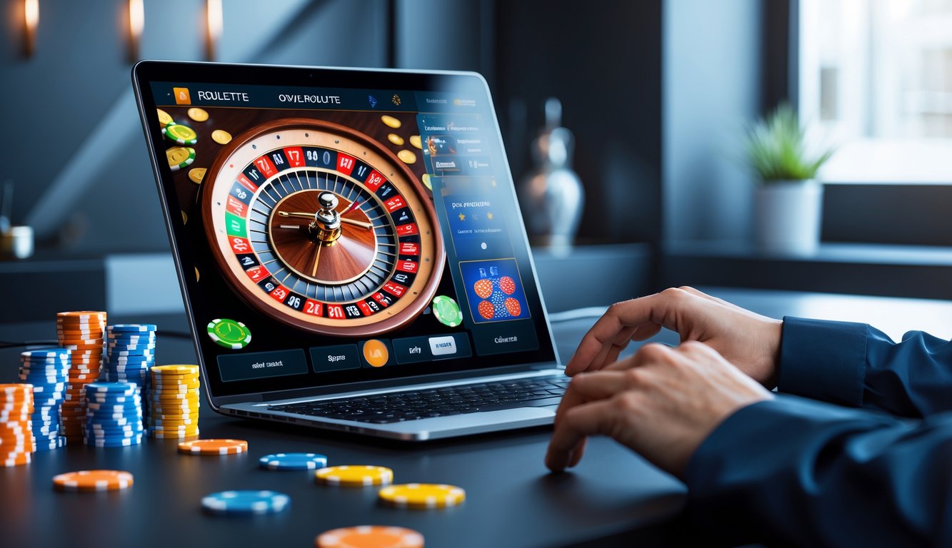 Seseorang bermain roulette online di komputer dengan tampilan roda roulette digital dan chip warna-warni di layar.
