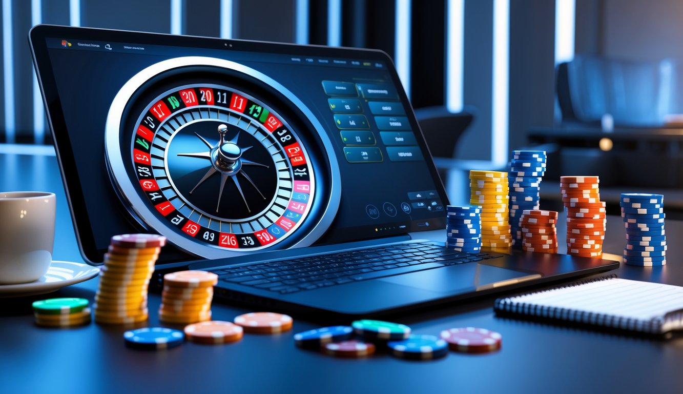 Sebuah meja dengan komputer menampilkan permainan roulette online, dikelilingi oleh tumpukan chip warna-warni dalam suasana gaming yang modern dan profesional.