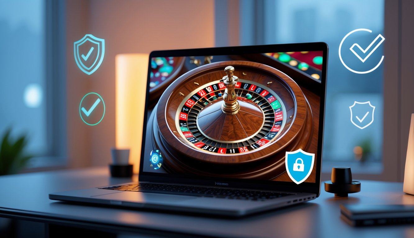 Sebuah meja kerja modern dengan komputer yang menampilkan roda roulette online yang sedang berputar, dikelilingi oleh simbol keamanan dan kepercayaan.