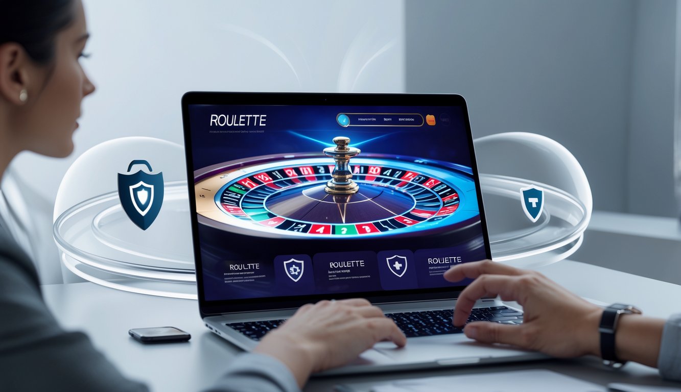 Seseorang menggunakan komputer dengan tampilan permainan roulette online yang jelas dan menarik, menunjukkan suasana profesional dan terpercaya.