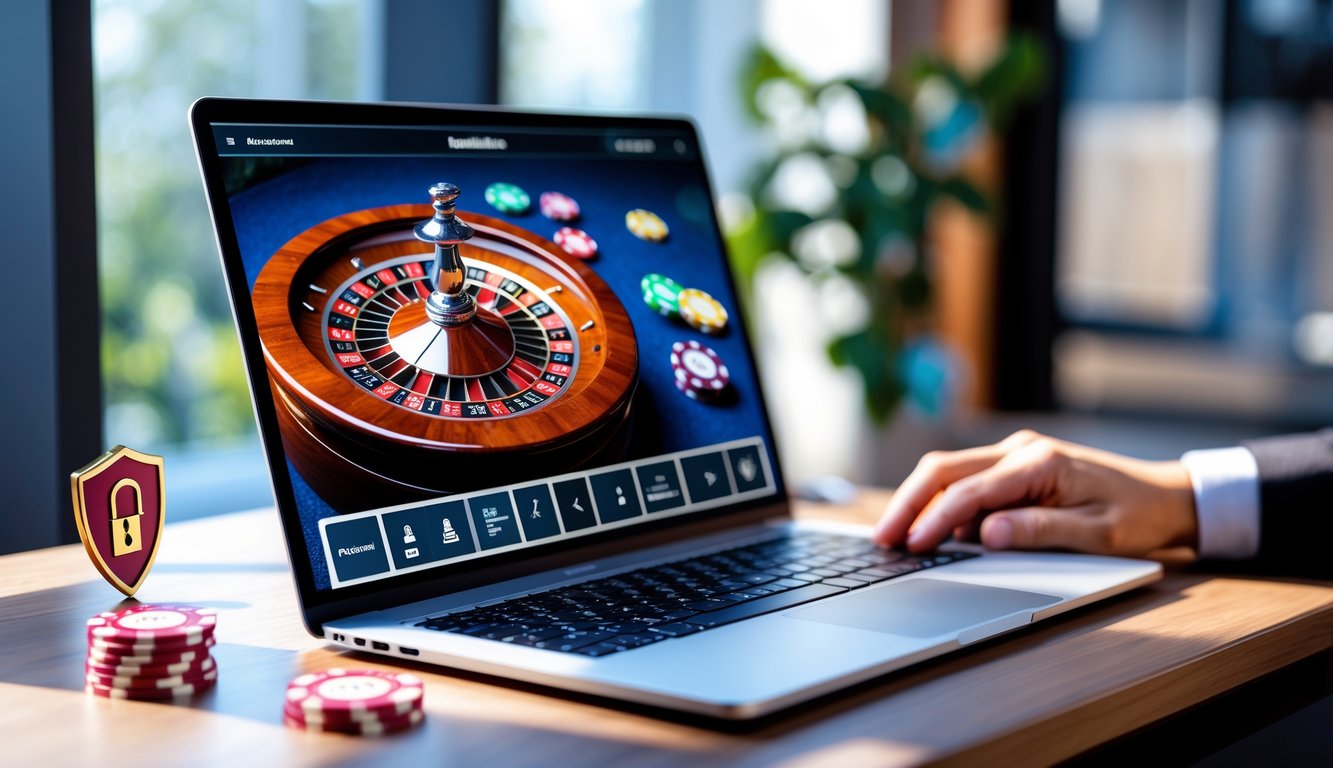 Seorang pemain menggunakan laptop dengan tampilan roda roulette online yang berwarna-warni di layar, di meja kayu modern dengan ikon keamanan di latar belakang.