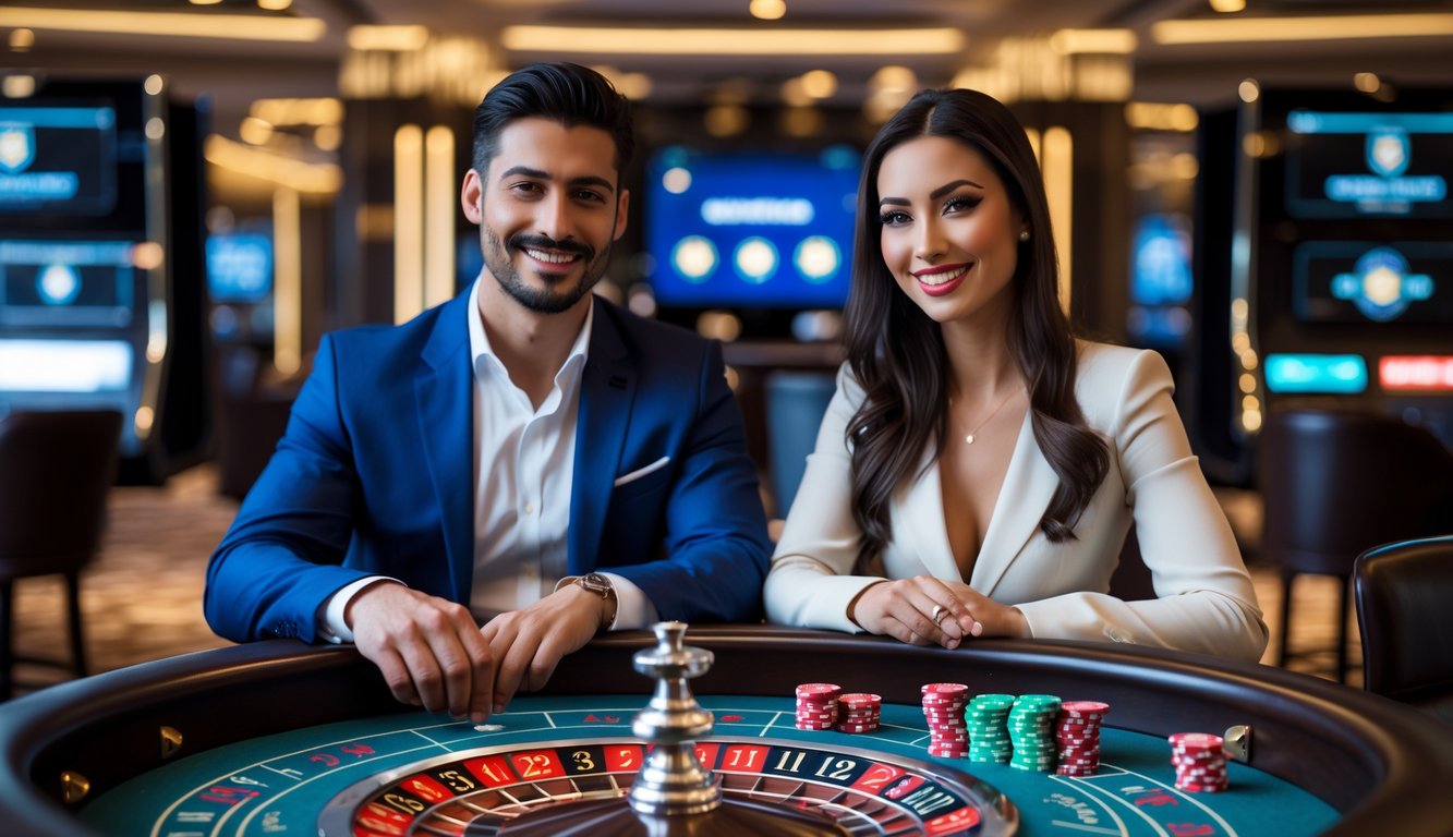 Seorang pria dan wanita duduk di meja roulette di kasino yang mewah, tampak percaya diri dan menikmati permainan dengan suasana yang aman dan terpercaya.