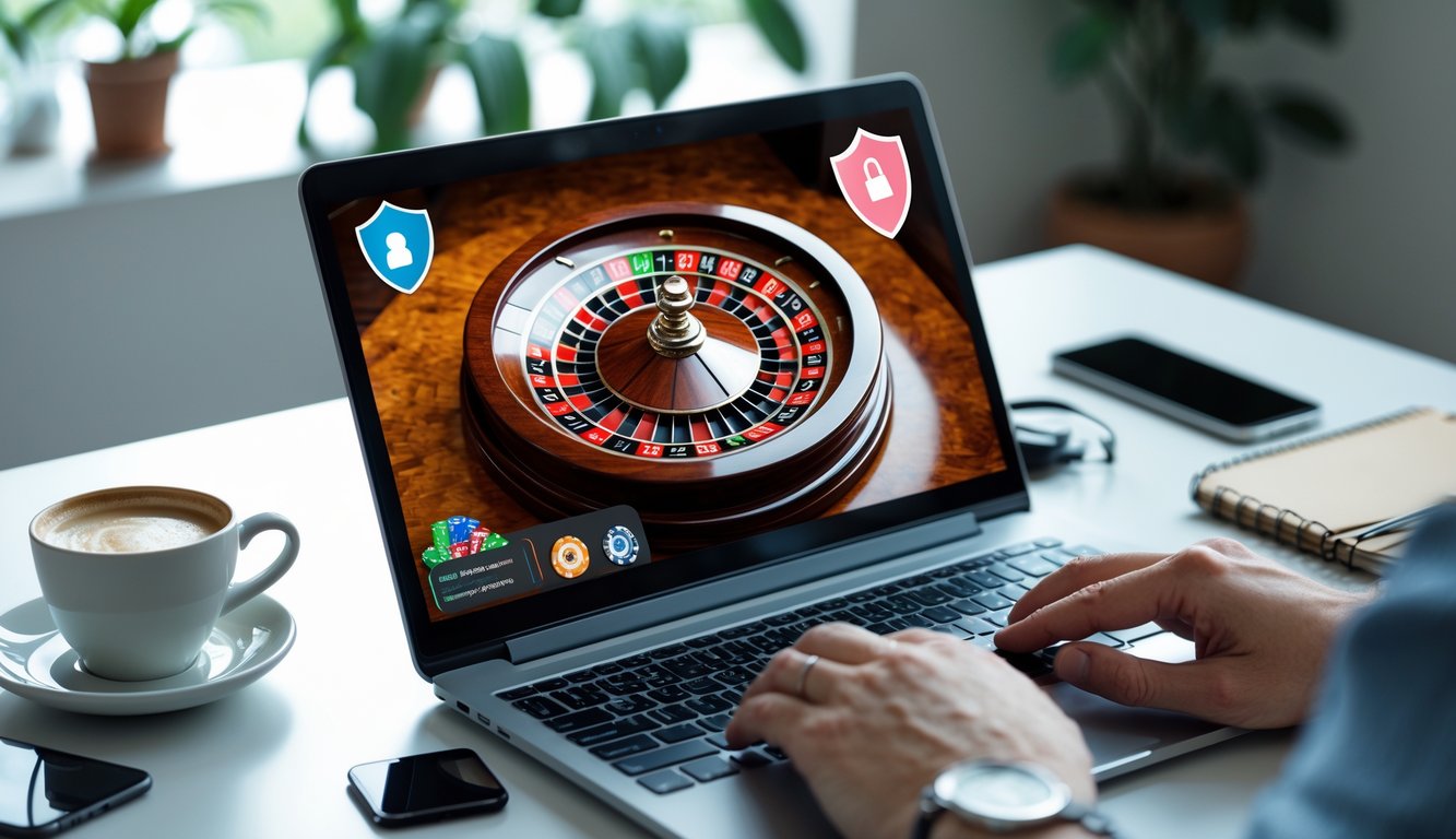 Sebuah laptop menampilkan permainan roulette online dengan roda roulette berputar di layar, di meja kerja modern dengan cangkir kopi dan ponsel di sampingnya.