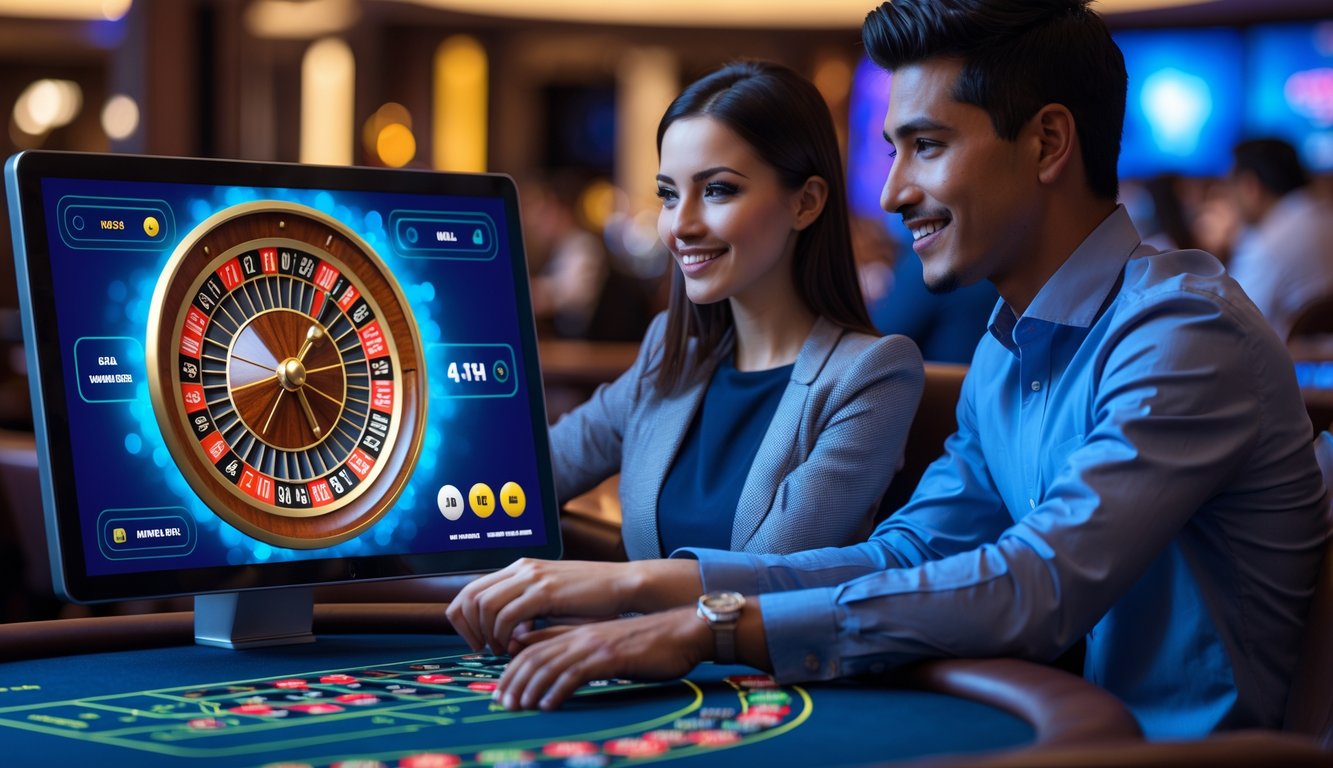 Dua orang muda duduk di meja kasino modern, memperhatikan roda roulette digital yang berputar dengan fokus dan antusiasme.