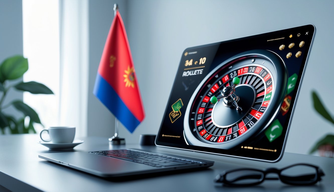 Sebuah meja kerja dengan layar menampilkan roda roulette digital dan elemen budaya Indonesia di latar belakang.