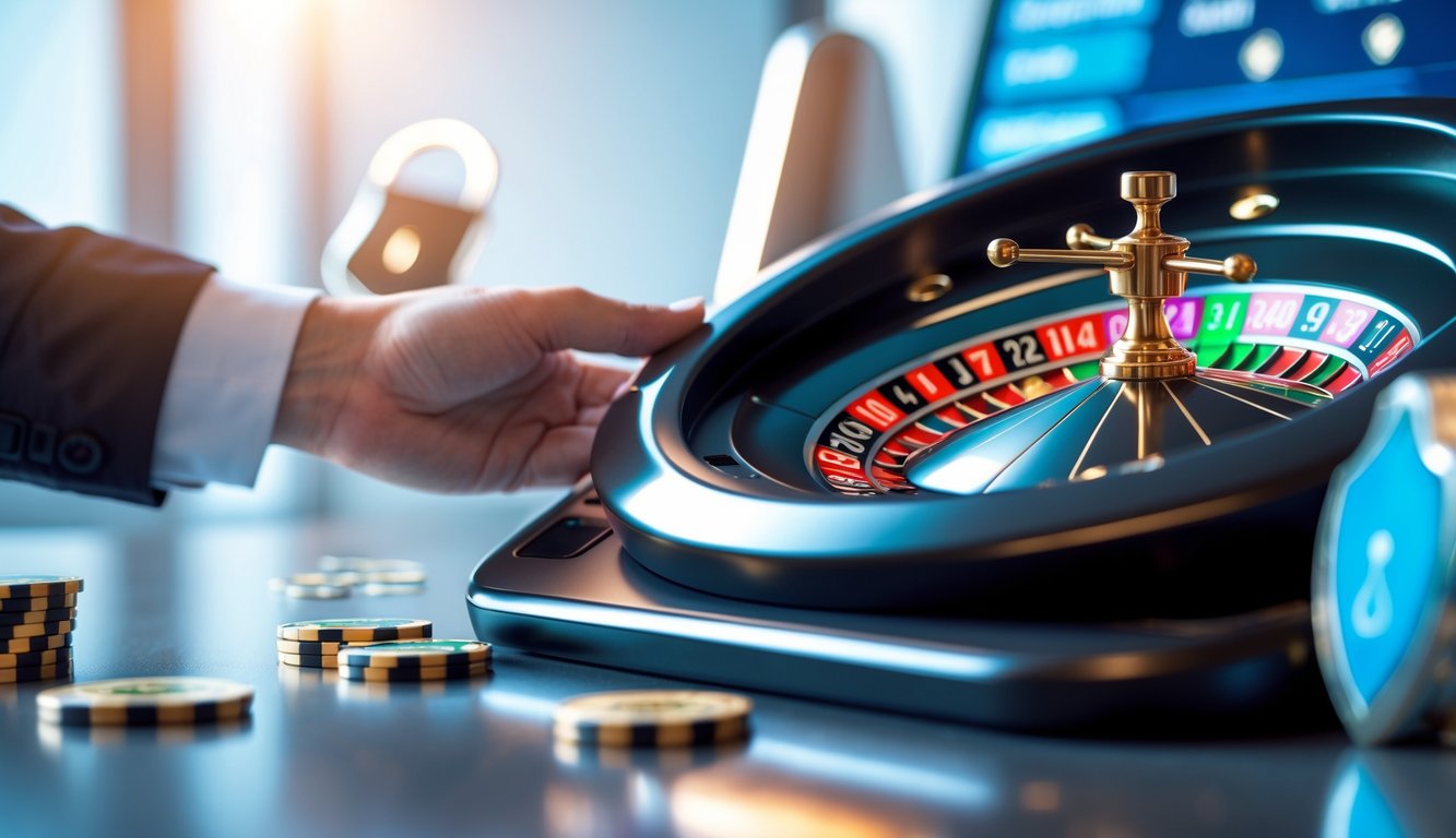 Tampilan dekat roda roulette digital pada layar perangkat dengan simbol keamanan di latar belakang.