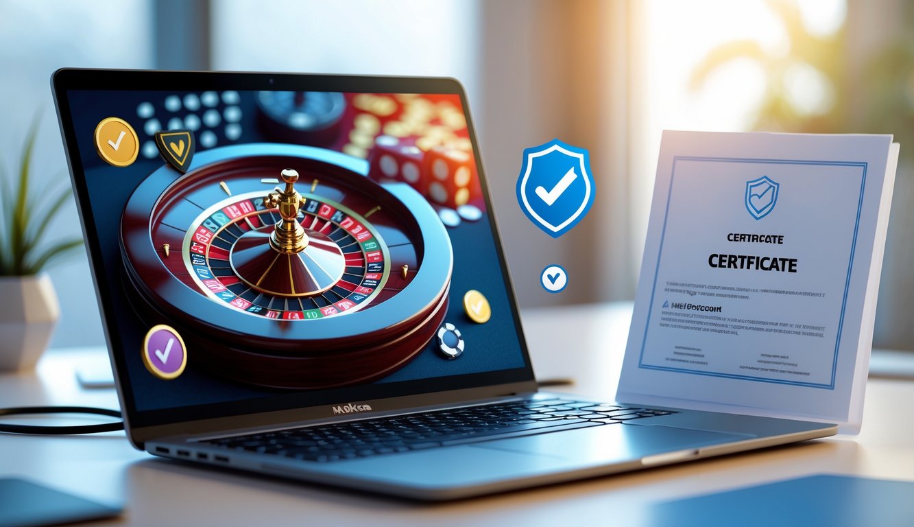 Sebuah komputer dengan layar menampilkan roda roulette digital yang sedang berputar, dikelilingi oleh simbol keamanan seperti ikon perisai dan sertifikat di atas meja kantor.