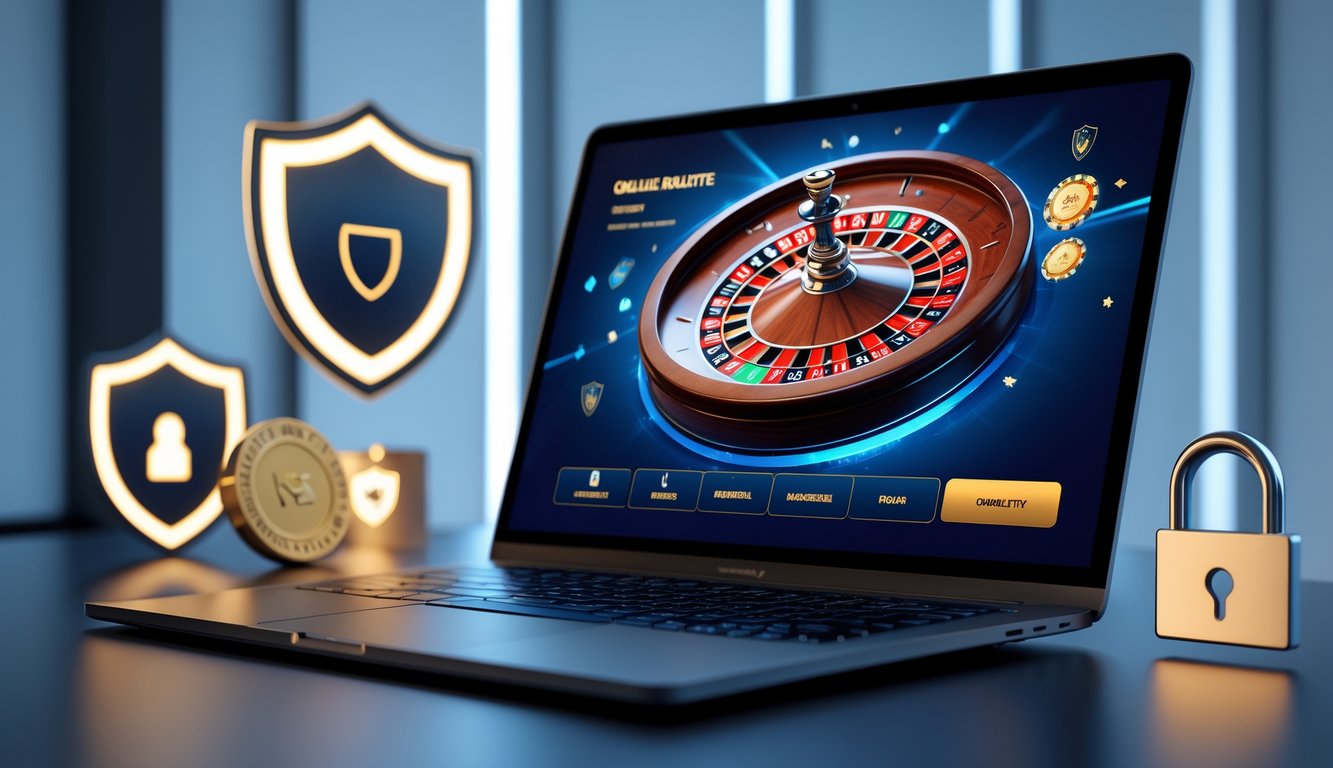 Sebuah meja dengan komputer menampilkan roda roulette digital yang berputar, dikelilingi ikon keamanan dan kepercayaan.