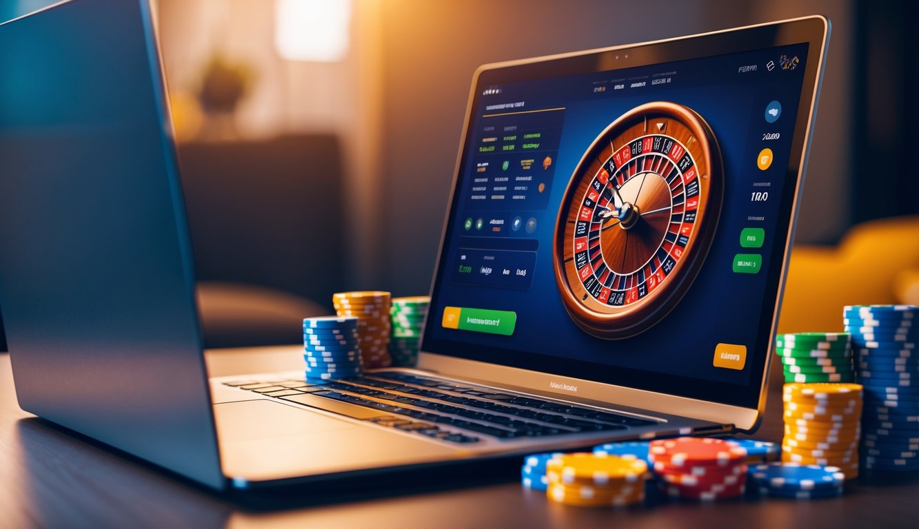 Sebuah meja dengan komputer yang menampilkan roda roulette online dan tumpukan chip warna-warni di sampingnya dalam suasana ruangan yang nyaman.