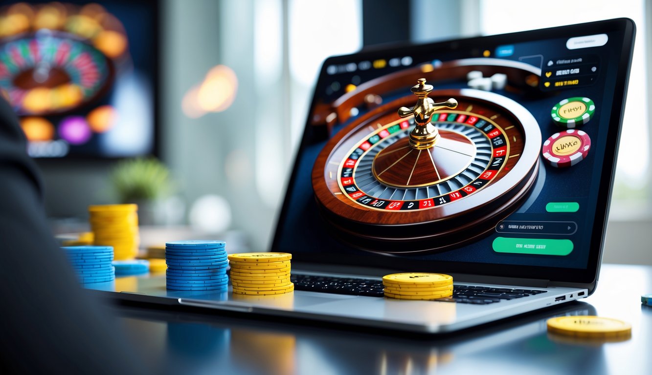 Sebuah meja roulette online dengan roda roulette dan chip warna-warni di depan layar komputer, menunjukkan suasana permainan yang aman dan menarik.