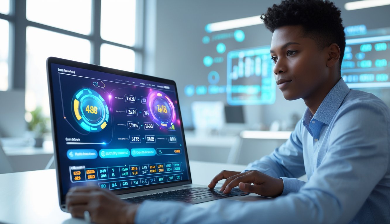 Seseorang menggunakan laptop di lingkungan kantor modern dengan tampilan digital yang menunjukkan aktivitas permainan online.
